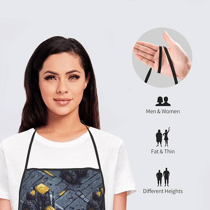 Chef Aprons for Men and Women - Classic Yellow Tractor Print Oil-Resistant Bib Aprons for Cooking or Kitchen BBQ Grilling