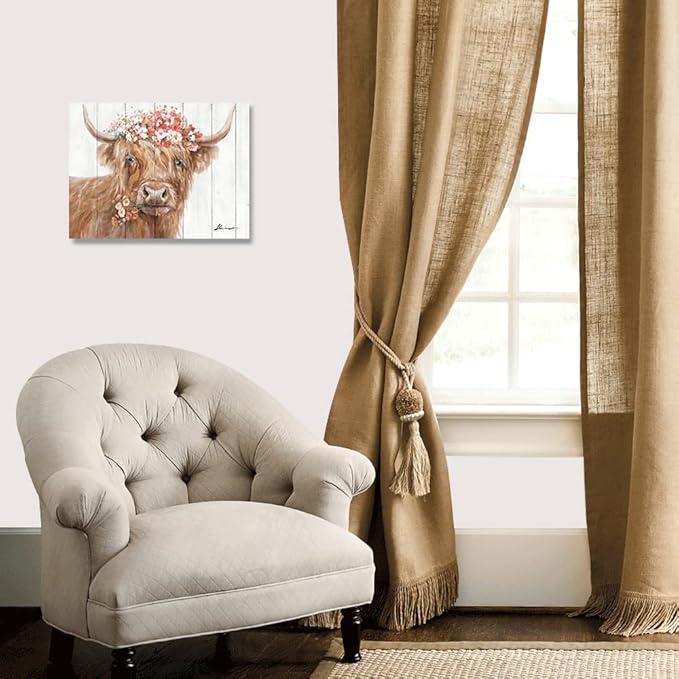 Yidepot Highland Cow Decor for Farmhouse: Retro Scottish Calf pictures hold Flowers Inspirational Quote Canvas Wall Art for boy's bedroom Kitchen Framed Ready to Hang Size 12"x15"