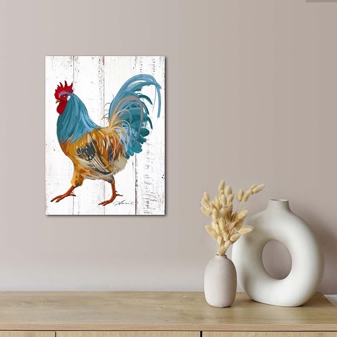 Rooster Kitchen Canvas Wall Art: Rustic Farmhouse Painting Poster - Chicken Artwork Decoration for Home Living Room Bedroom, Framed Picture Prints Decor Ready to Hang (10"x 15")