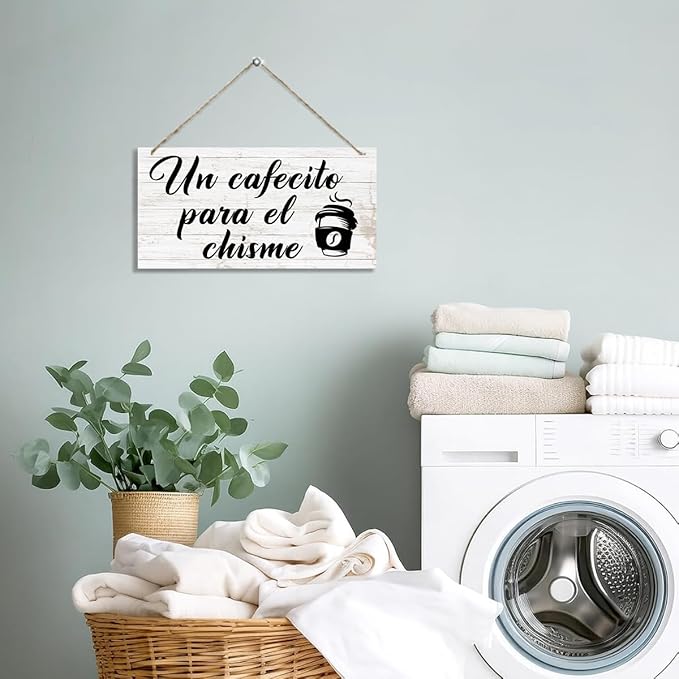 Coffee Bar Decor Sign, Un Cafecito Para el Chisme Decoration, Vintage Kitchen Decor, Funny Home Hanging Decors, Farmhouse Coffee Bar Decoration with Rope Hanging 12 x 6 Inches