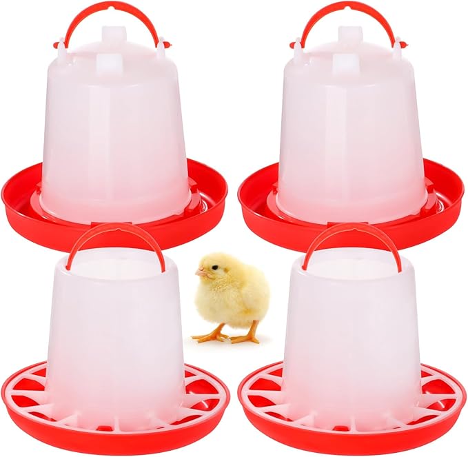 Chick Feeders and Waterers Set, 2 Pcs 1.5 L Poultry Drinkers & 2 Pcs 3.3 lbs Feeders, Hanging Plastic Poultry Containers for Chickens, Turkeys, Ducks and More
