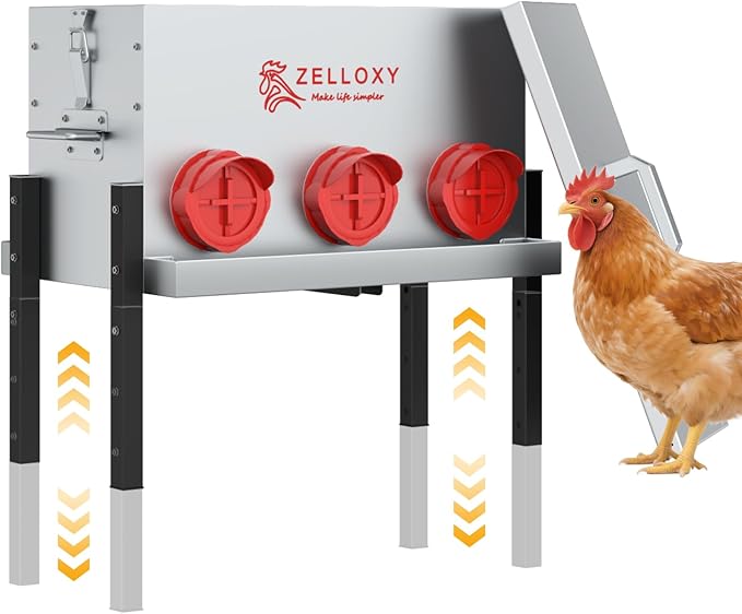 No-Waste Automatic Chicken Feeder, 30 lb Galvanized Metal Poultry Feeders with Adjustable Height, Locking Lid, Feeding Through, Feeder Box Stands for Chicks, Duck, (6 Ports)