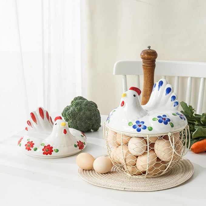 Decorative Egg Basket for Counter,Ceramic Chicken Lid with Wire Basket, Holds 20-25 Eggs