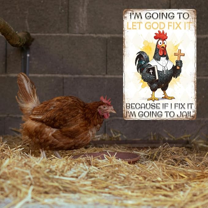 WADORN Funny Chicken Vintage Metal Tin Sign, 8x12 Inch I'm Going To Let God Fix It Retro Tin Sign Christian God Wall Art Decor Plaque Gift for Home Farm Chicken Coop Farmhouse Kitchen Garden Church