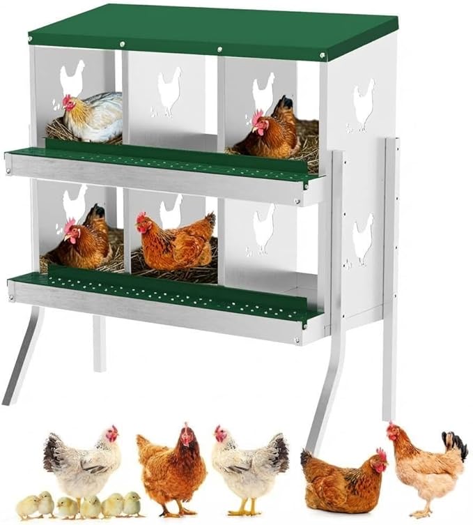 Chicken Nesting Box,6 Holes Galvanized Steel Metal Chicken Laying Box with Automatic Roll-Away Egg Collection System & Removable Tray,Wall Mount Nesting Boxes
