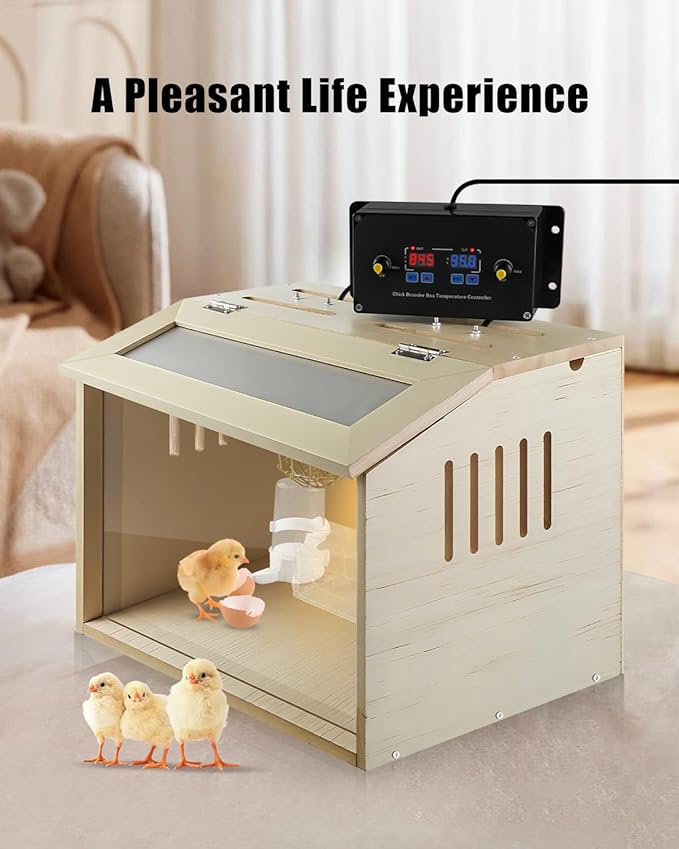 Chick Brooder Box with Intelligent Temperature Control, 75W Day & Night Heat Lamps, Anti-Spill Feeder & Drinker, Poultry Heater Breeding Box for Newborn Chicks, Ducks, Quail, Birds, Small Animals