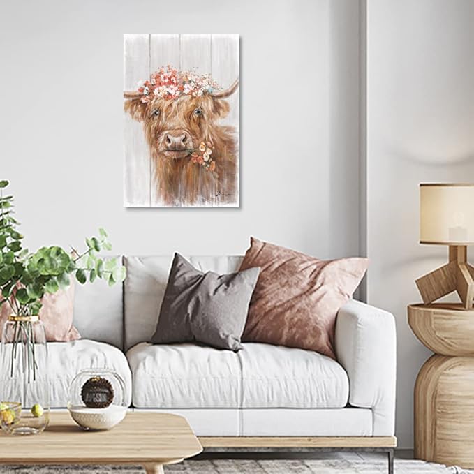 Highland Cow Canvas Farmhouse Decor: Funny Cow Wall Art with Flowers Staring at You Rustic Farm Wood Planks Unique Cattle Posters for Bathroom Framed Size 16"x24"