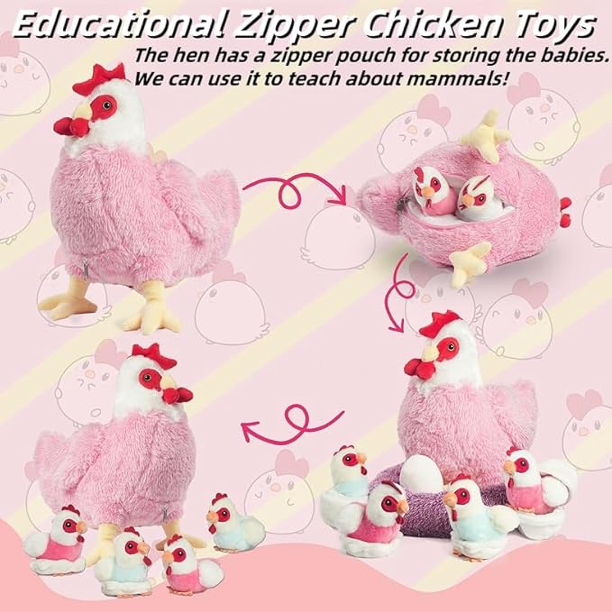 9 in 1 Chicken Stuffed Animal Set, Stuffed Chicken Plush Toy Zippered Egg Laying Hen with Baby Chicks Plush Chickens, Eggs and Coop Chicken Toys for Kids Girls Boys Birthday Easter Stuffers Gifts