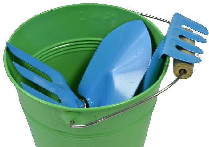 G & F Products JustForKids Garden Tool Set - Green Metal Pail with Real Mini Shovel, Rake & Cultivator, Wooden Handles, Perfect for Outdoor Play, Gardening Fun, and Educational Activities for Kids