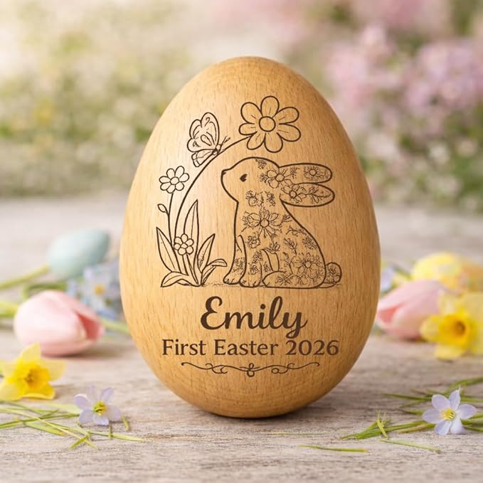 Personalized Wooden Easter Egg – Custom Engraved Bunny Name Egg, Baby First Easter Keepsake Gift, Rustic Wood Bunny Decor, Cute Basket Stuffer for Kids, Spring Holiday Gift for Baby Boy Girl