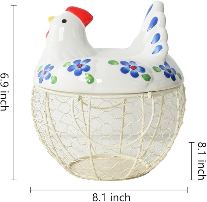 Decorative Egg Basket for Counter,Ceramic Chicken Lid with Wire Basket, Holds 20-25 Eggs
