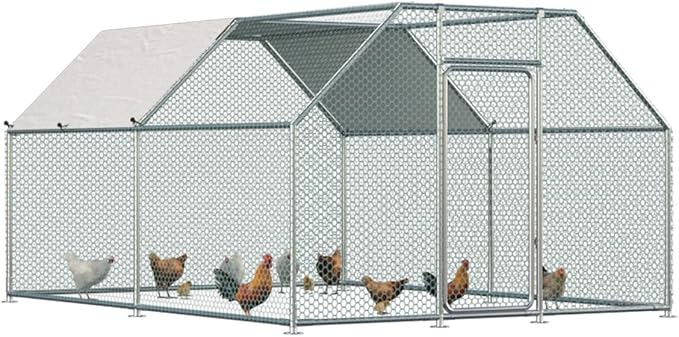 Esright Metal Large Chicken Coop Run for Yard with Cover, 13x10x6.4 FT Walk-in Chicken Pen for Outdoor, Backyard, and Farm, Hen Cage House Suitable for 8-12 Chickens, Flat Roof