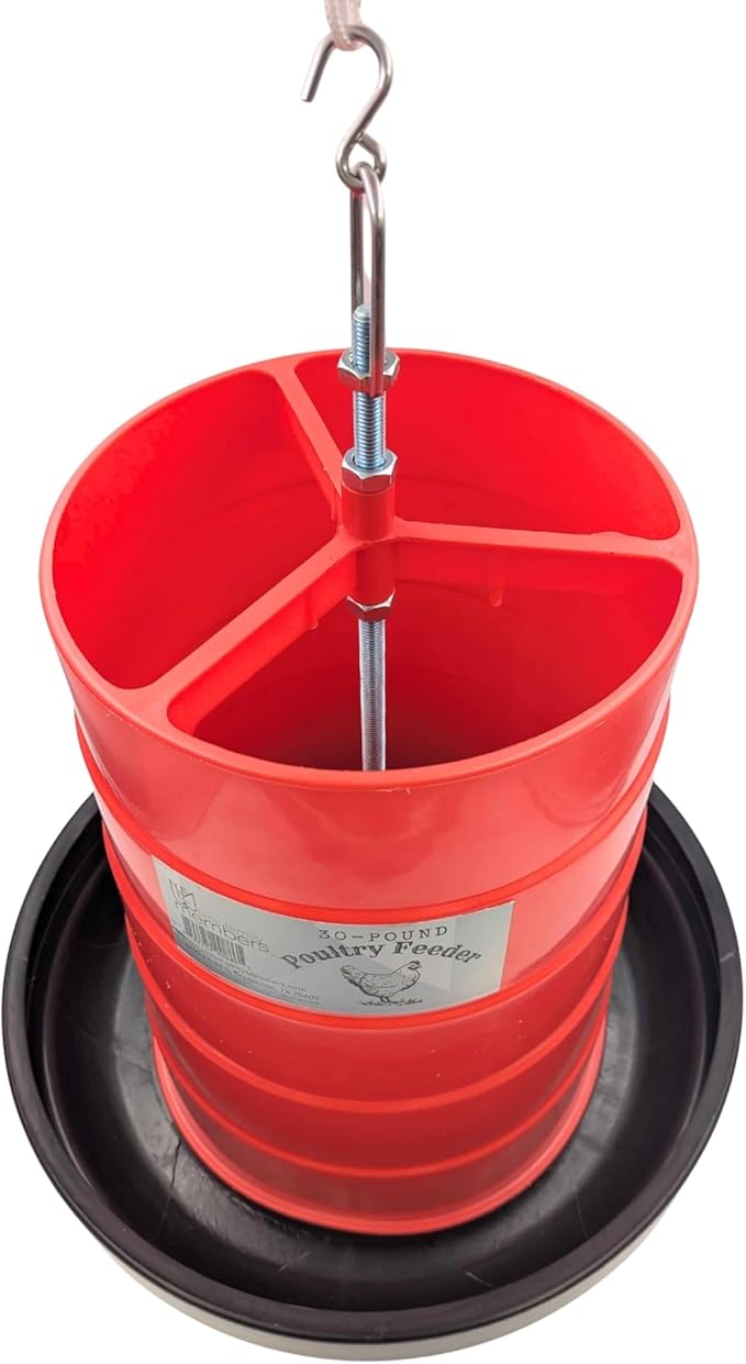 30 lb Poultry Feeder with Adjustable Flow Control, Anti-Scratch Lip to Reduce Waste, Metal Hanging Rod - Large Capacity Chicken Feeder for Backyard Flocks, Weather-Resistant