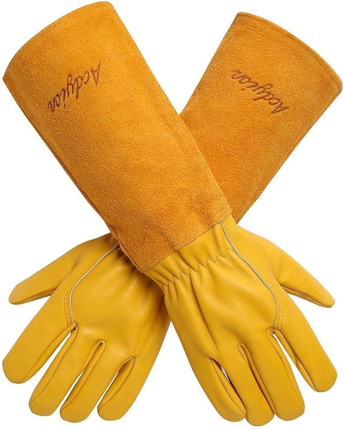 Acdyion Thorn Proof Gardening Gloves for Men & Women, Long Cowhide Leather Rose Pruning Gloves with Forearm Protection, Puncture Resistant Gauntlets for Cacti, Blackberries & Yard Work(yellow,Small)