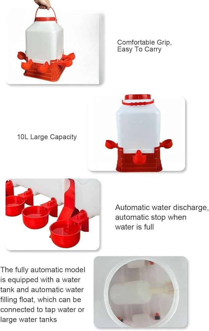 Denash Automatic Poultry Waterer, 10L Large Capacity Chicken Water Feeder with 4 Bowls, Easy to Clean Poultry Waterer Dispenser for Farm