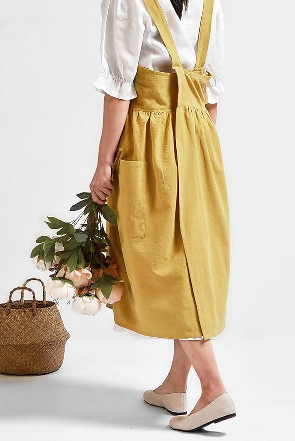 NEWGEM Cotton Linen Cross Back Apron for Women with Pockets for Cooking Cleaning Yellow without Waist Ties