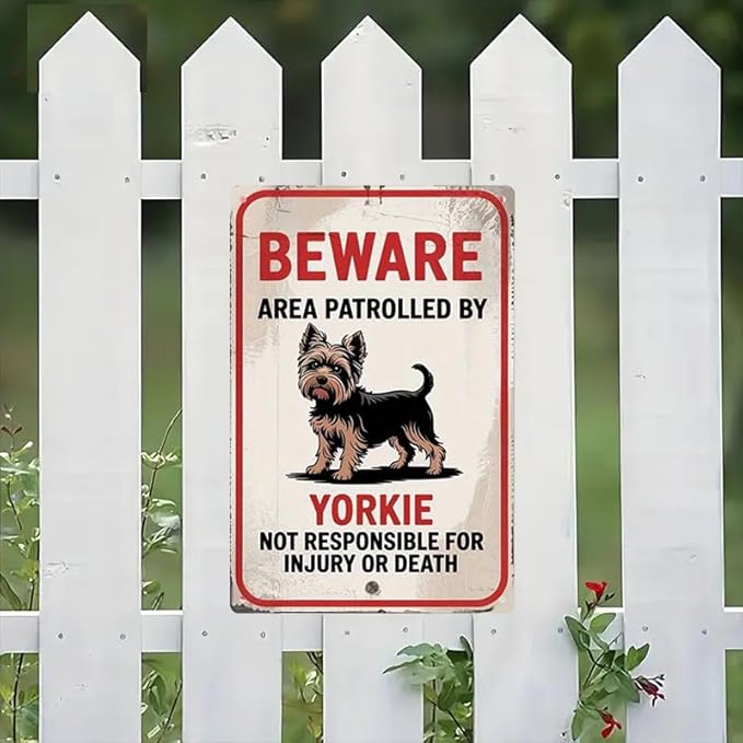Beware of Dog Sign for Fence- Warning Dog Metal Signs- Yorkie Funny Warning Tin Signs 8x12 Inch