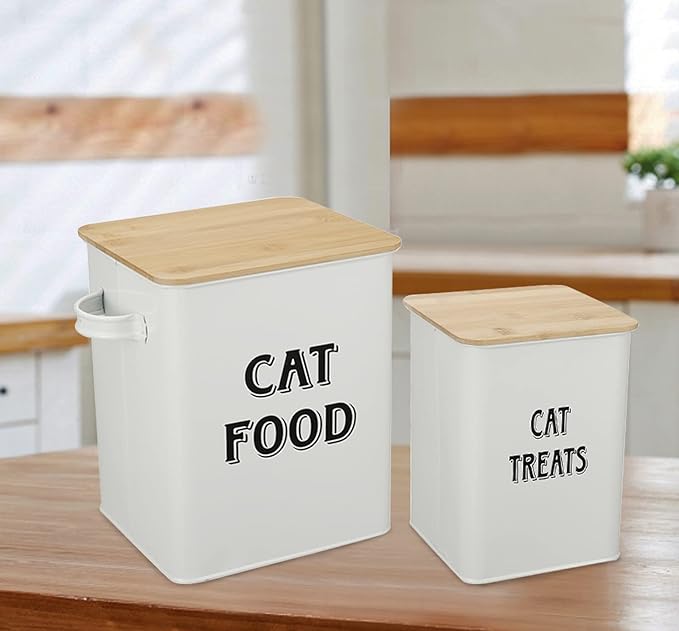 Cat Food Storage Container Farmhouse Pet Food Treats Bin with Lid and Scoop, Perfect Sturdy Canister Tins for Kitchen Countertop, Shelf, Great Gift for Pet Owners - Cat Food