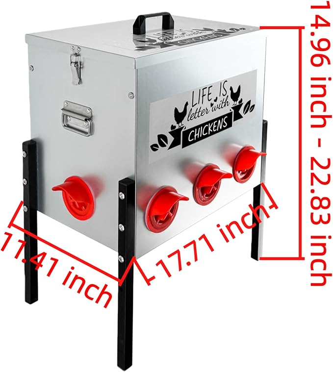 50LB Automatic Chicken Feeder with 8 Ports No Waste Galvanized Metal Poultry Feeder Outdoor Chicken Feeder Box with Adjustable Height Legs and Locking Lid for Chickens Ducks Geese Silver