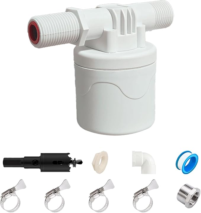 Chicken Waterer Float Valve Kit - Top Inlet, Compatible with Various Chicken Water Cups & Nipples, Includes Fixing Clip, 4 Hose Clamps, Raw Tape, 1/2 to 3/4 Inch Adapter