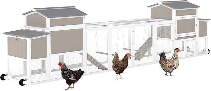 Chicken Coop Mobile Wooden Hen House with Nesting Box,166.4" L Outdoor Chicken House with 4 Wheels and Removable Tray,Fir Wood Chicken Tractor with 12 Ventilation Door and 2 Ramps,Grey