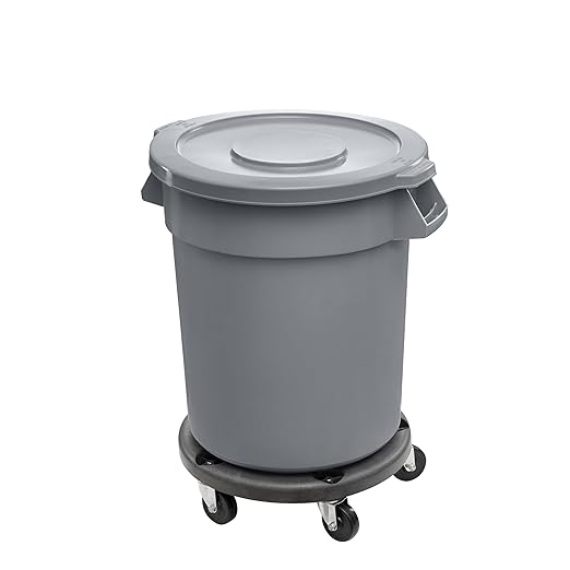Feed and Seed Storage Container, 55 Gallon Gray Round Commercial Trash Can with Lid and Dolly, Food Storage Plastic Bin, Use in Agricultural, Gardening, or Household