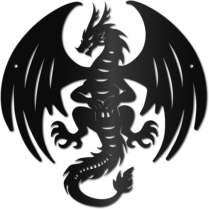CREATCABIN Dragon Metal Wall Art Black Metal Wall Sculptures Iron Fly Dragon Western Fairytale Animal Wall Artwork Sign Ornament Decor for Living Room Office Garden Balcony Decoration 11.8 x 11.8 Inch
