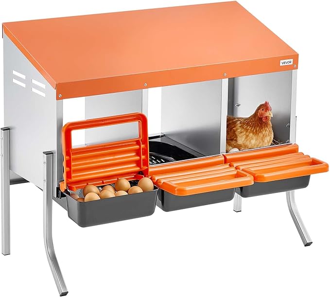 VEVOR Chicken Nesting Boxes, 3 Compartments, with Support Legs, Easy Egg Collection, Galvanized Steel and High-Strength Plastic, Roll Away Nesting Boxes for Chickens and Hens Laying Eggs, Orange