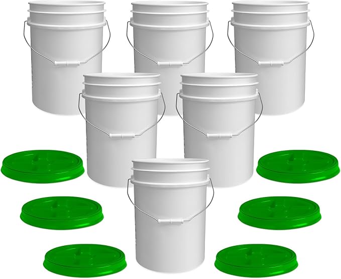 ePackageSupply 5 Gallon White Bucket with Green Gamma Seal Screw on Airtight Lid | Made in USA | Food Grade | Heavy-Duty HPDE Plastic | Durable 90 Mil Pail | Easy Stack and Store | BPA Free (6 Count)