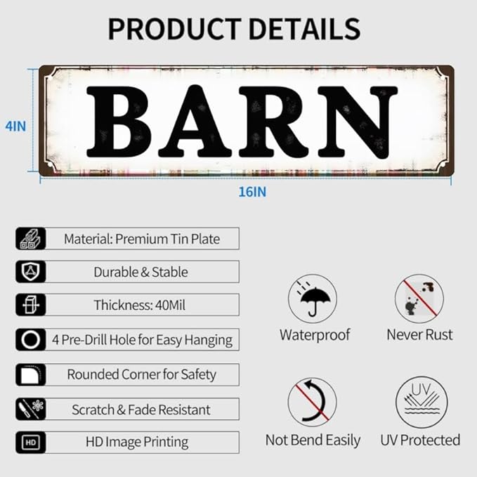 Decorative Tin Signs 16 * 4 Inches Barn Themed Design for Backyard, Ranch, Bedroom | Outdoor Sign, Vintage Decor for Home, Unique Wall Decor