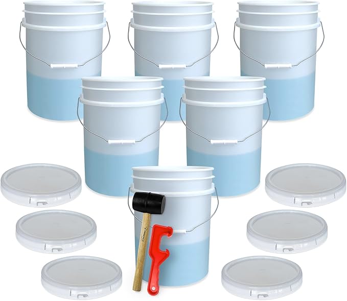 ePackageSupply 5 Gallon Plastic Bucket with Airtight Lid | Made in USA | Food Grade Bucket | BPA-Free | Heavy Duty 90 Mil All Purpose Pail | One 12" Rubber Mallet & One Lid Opener Included | 6 Pack