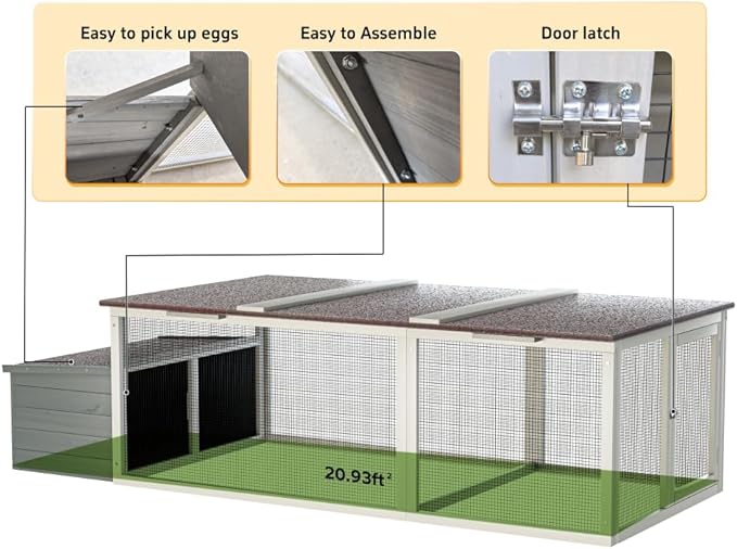 Large Wooden Chicken Coop with Nesting Box Weatherproof Asphalt Roof Walk-in Poultry Cage Secure Locks Metal Mesh Run for Backyard Farm (Gray)