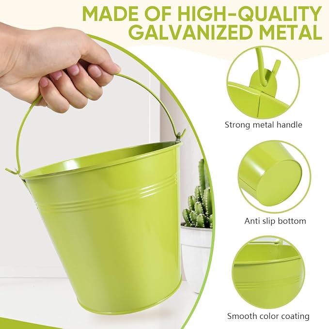 OBTANIM 7 Pack Green Metal Buckets with Handle Galvanized Ice Pails for Plants, Succulents, Party Favors Organizing, Rustic Home Decor or Classrooms Pencil Storage (7.1 x 5.2 inch)