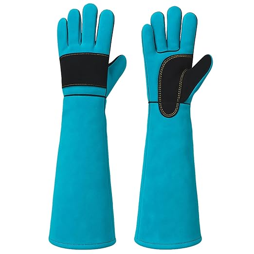 23.6" Leather Welding Gloves, 932℉ Heat-Resistant Long Gauntlet for MIG/TIG/Stick, Bite-Resistant Animal Handling, BBQ/Fireplace/Gardening, Reinforced Palm, Blue