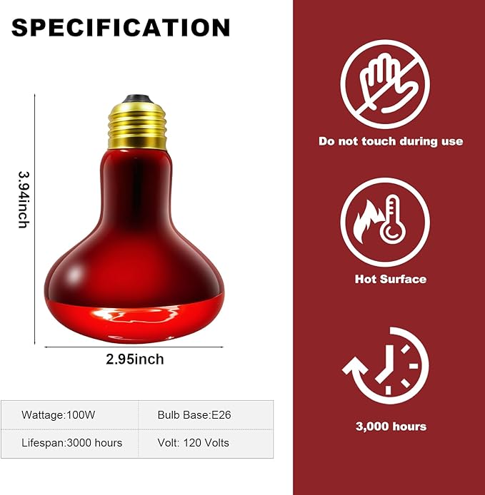 MIXJOY 100W Infrared Heat Lamp Bulbs, 2 Pack Reptile Infrared Heat Emitter Red Heat Lamp Bulbs Infrared Basking Light Bulbs for Reptiles, Bearded Dragon, Lizard, Tortoise, Chickens, Pets