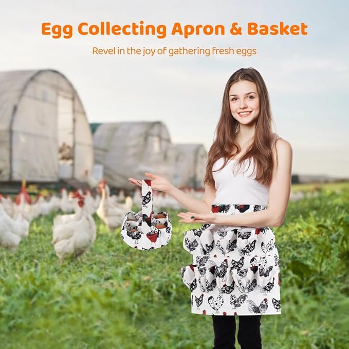 Apron For Egg Collecting Plus Basket Set, Housewife Farmhouse Kitchen Workwear, Long-Lasting Canvas Egg Gathering Carriers, Apron With Twelve Pockets And Basket With Seven Pockets
