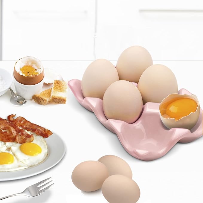 Flexzion Porcelain Egg Crate - 6-Egg Capacity Ceramic Egg Tray, Half Dozen Egg Holder for Fridge, Countertop Display - Pink Decorative Serving Dish and Storage Organizer, 2 Pack