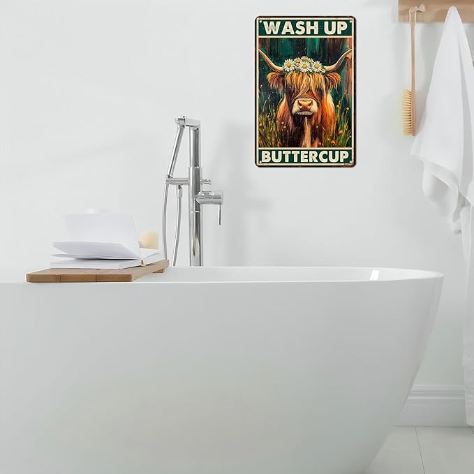 Vintage Highland Cattle Tin Sign Wash Up Buttercup Retro Wall Decor Decorations for Home Funny Cow Lover Poster Indoor Store Cafe Toilet Farmhouse Yard Garden Bar Pubs Rustic Farm 12 * 8inch