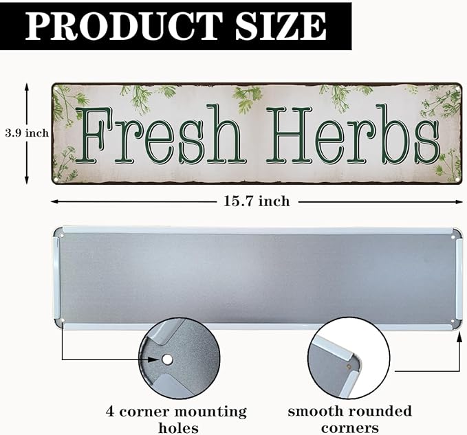 Rustic Farmhouse Wall Art, Fresh Herbs Vintage Metal Tin Sign for Home Kitchen Decor, Botanical Garden Plaque for Balcony, Greenhouse or Patio, Weather-Resistant, 15.8 x 4 Inch
