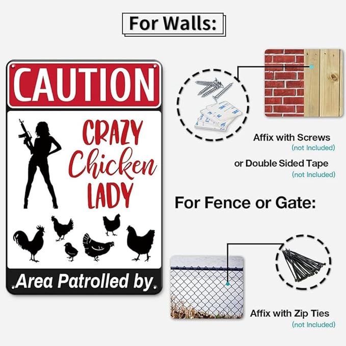 YOYI ART Funny Chicken Coop Sign - Area Patrolled by Crazy Chicken Lady, Metal Vintage Caution Sign for Farm Fence Decor, 8 x 12 inch