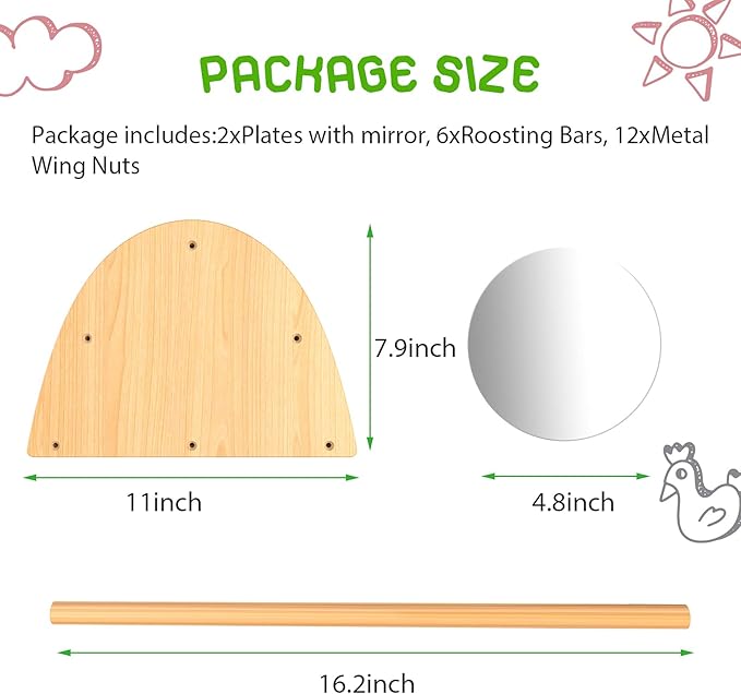 Bamboo Chicken Perch with Mirror, Strong Roosting Bar for coop and brooder, Training Perch for Large Bird, Hens, Parrots, Macaw, Easy to Assemble and Clean, Fun Toys for Chicken