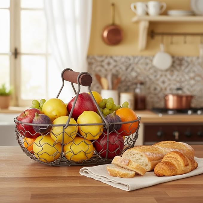 DOITOOL Egg Basket for Fresh Eggs with Wooden Handle Vintage Style Kitchen Storage Basket for Fruit Bread and Countertop Organization 4.68 Inch Compact Size