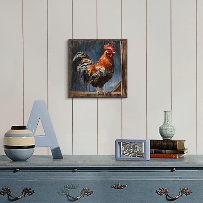 Vintage Rooster Wall Art Decor: Farmhouse Animal Picture Country Chicken Framed Artwork Farm Cock Painting is the Perfect Combination of Energy Nature for the Kitchen Country House Living Room 12"x12"
