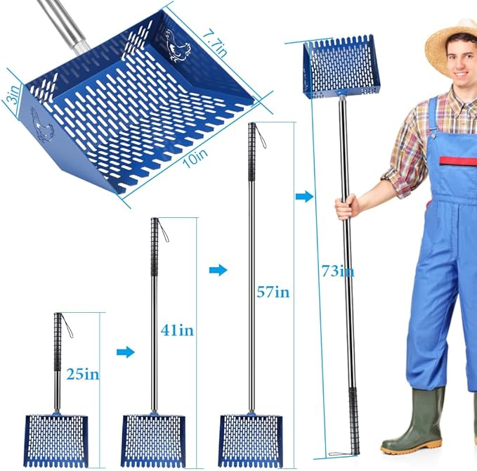 Heavy Duty Chicken Coop Rake and Scoop, 15 Inch Extra Large Chicken Coop Rake with Adjustable Stainless Steel Handle (25 to 73 Inch)，Metal Multi-Use Cleaning Shovel for Coops, Beach（Blue）