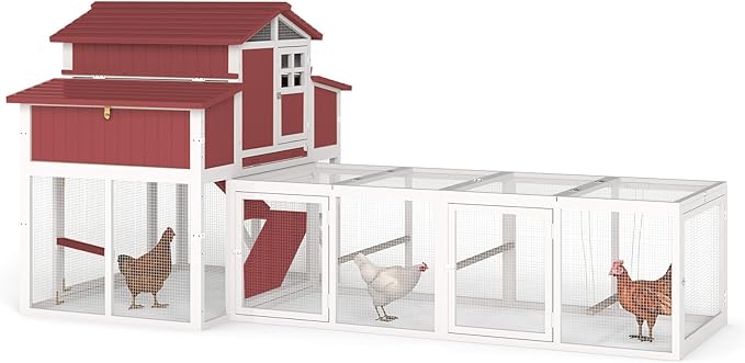 115.36" L 2-Story Chicken Coop with Extra Run Cage,Chicken House Hen House with 2 Large Nesting Boxes,Expandable Poultry Cage for 4-6 Chicken with 4 Perching Bars,Pull-Out Tray,Ramps(RED)