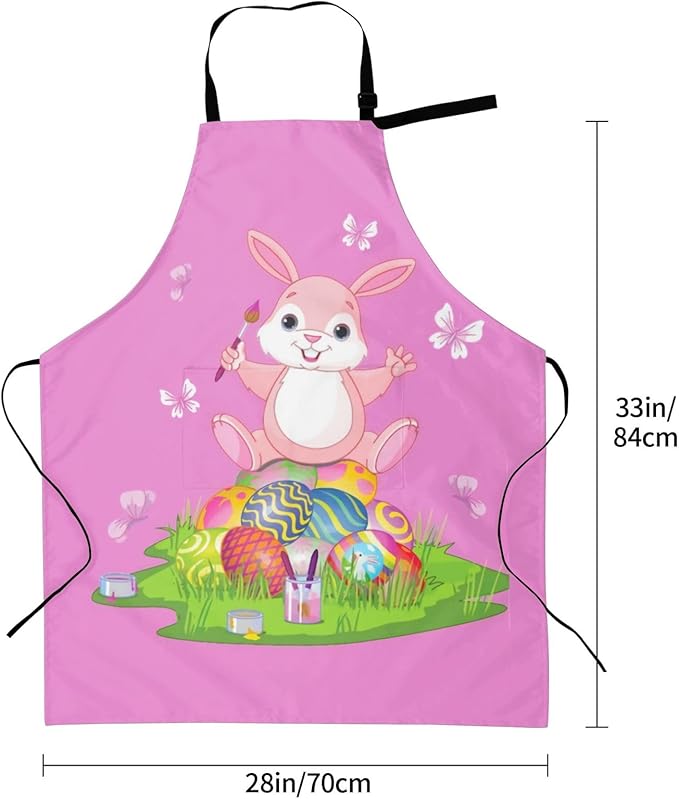 ASYG Cute Easter Rabbit & Eggs Apron Adjustable with 2 Pockets Bunny Easter Gift Kitchen Baking Gardening Work Apron