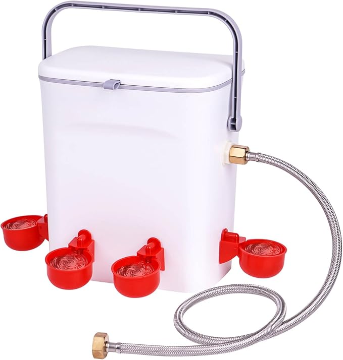 Automatic Chicken Waterer with Float Valve Kit Hose Attachment and 4 Poultry Water Cups, Duck Chicken Water Feeder Poultry Waterer (2 Gallons)