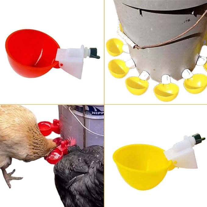 Poultry Waterer Cups 10 Packs Chicken Water Cups for PVC with Tee Automatic Chicken Waterer Kit for Poultry Chicks Duck Goose Turkey Bird and Bunny with Mounting Hole Opener (Yellow)