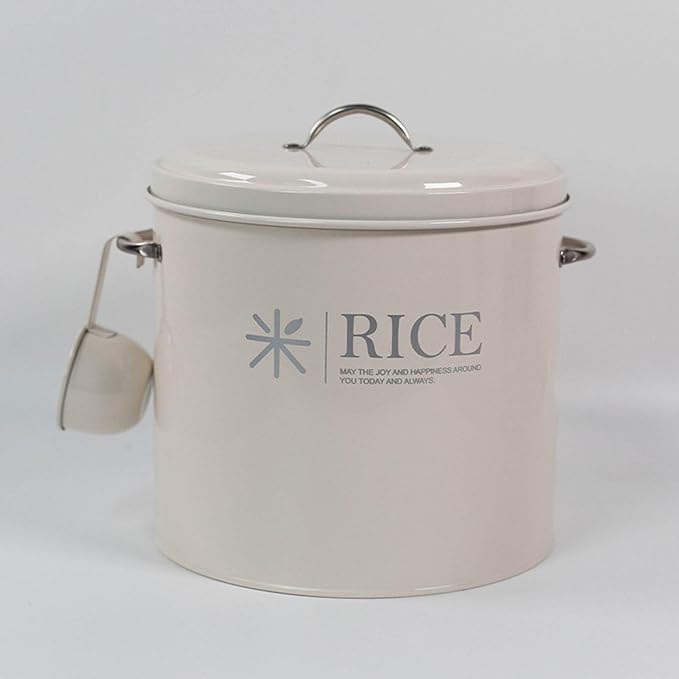 Sealed Food Storage Bin, Iron Rice Container and Measuring Spoon Metal Rice Storage Box Round Rice Canister for Pet Food Home, Style A