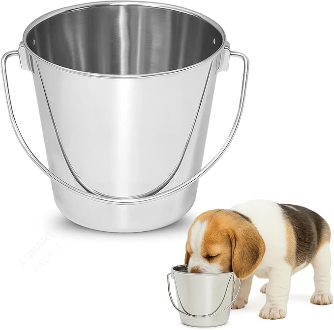 1 quart Heavy Duty Stainless Steel Round Bucket with Handle | 0.25 gal Sturdy Food & Water Bowl for Small Bird Dog Cat & Livestock | Fits kennel Crate Cage Farm | Hanging Utility Pet Pail
